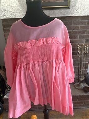 MOLLY GODDARD Coral Pink Ruffled Smocked Top